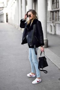 Black Shearling Jacket with Blue Jeans