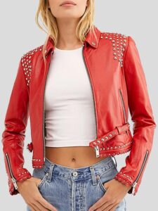 Women Studded Red Cropped Leather Jacket