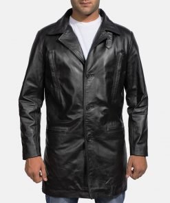 Mens Real Leather Black Trench Coat
