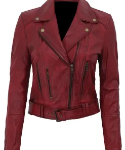 Women's Distressed Maroon Leather Biker Jacket | Leren Jack