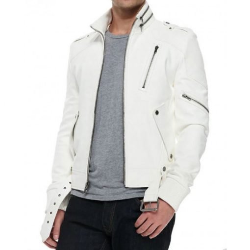Men's FJM059 Belted White Biker Leather Jacket