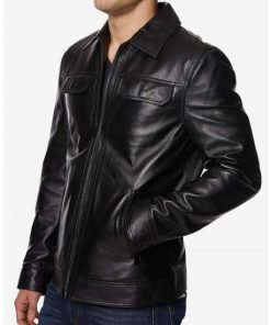 Men's Shirt Collar Style Causal Full Zip Black Jacket