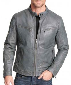 Men's Mock Collar Zipper Pockets Grey Biker Leather Jacket
