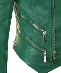Women's FJ091 Biker Zipper Pockets Green Leather Jacket