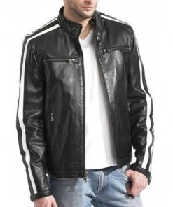 Men's White Striped Desing Biker Style Leather Jacket