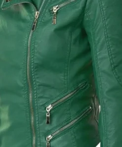 Women's FJ091 Biker Zipper Pockets Green Leather Jacket