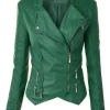Women's FJ091 Biker Zipper Pockets Green Leather Jacket