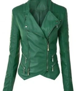 Women's FJ091 Biker Zipper Pockets Green Leather Jacket