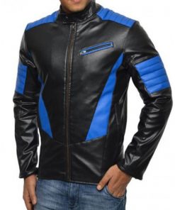 Men's Motorcycle Blue Design Black Leather Jacket