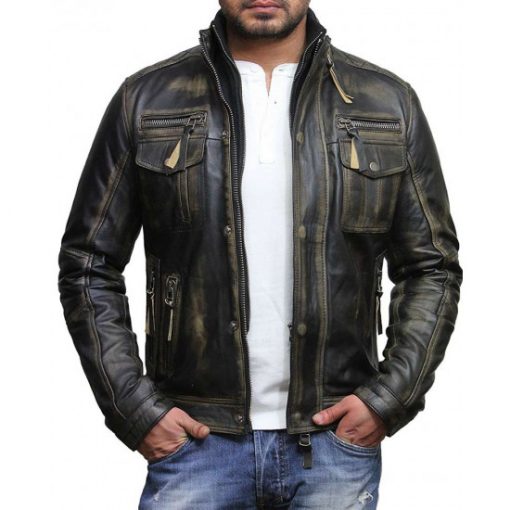 Men's Vintage Biker Style Waxed Leather Jacket