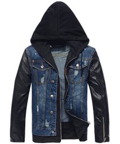Men Hooded Denim Leather Jacket