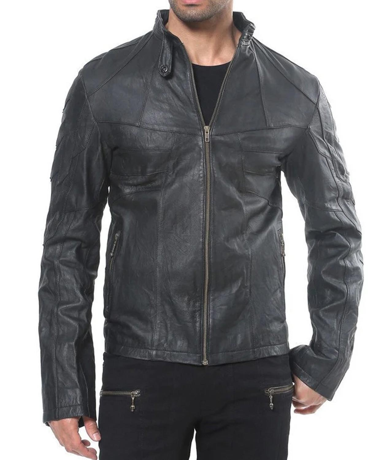 Men’s Designer Front Pockets Studded Lambskin Leather Jacket