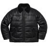 Puffer Fur Collar Black Leather Jacket