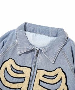 Furry Bone Patchwork Skeleton Denim Jacket