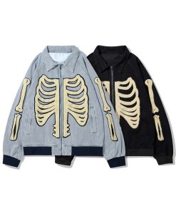 Furry Bone Patchwork Skeleton Denim Jacket