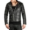 Men's Laces Sleeves Design Black Leather Jacket