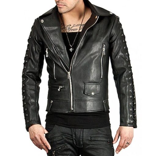Men's Laces Sleeves Design Black Leather Jacket