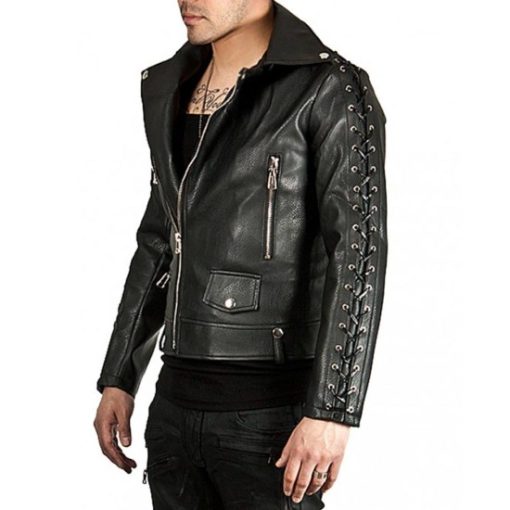 Mens New Style Laces Sleeves Designer Leather Biker Jacket