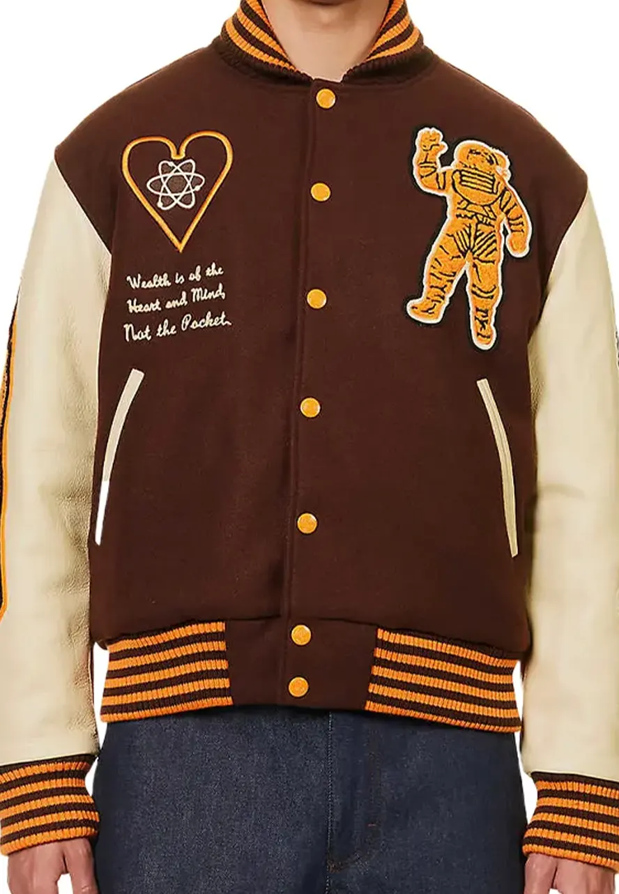 billionaire brown varsity jacket