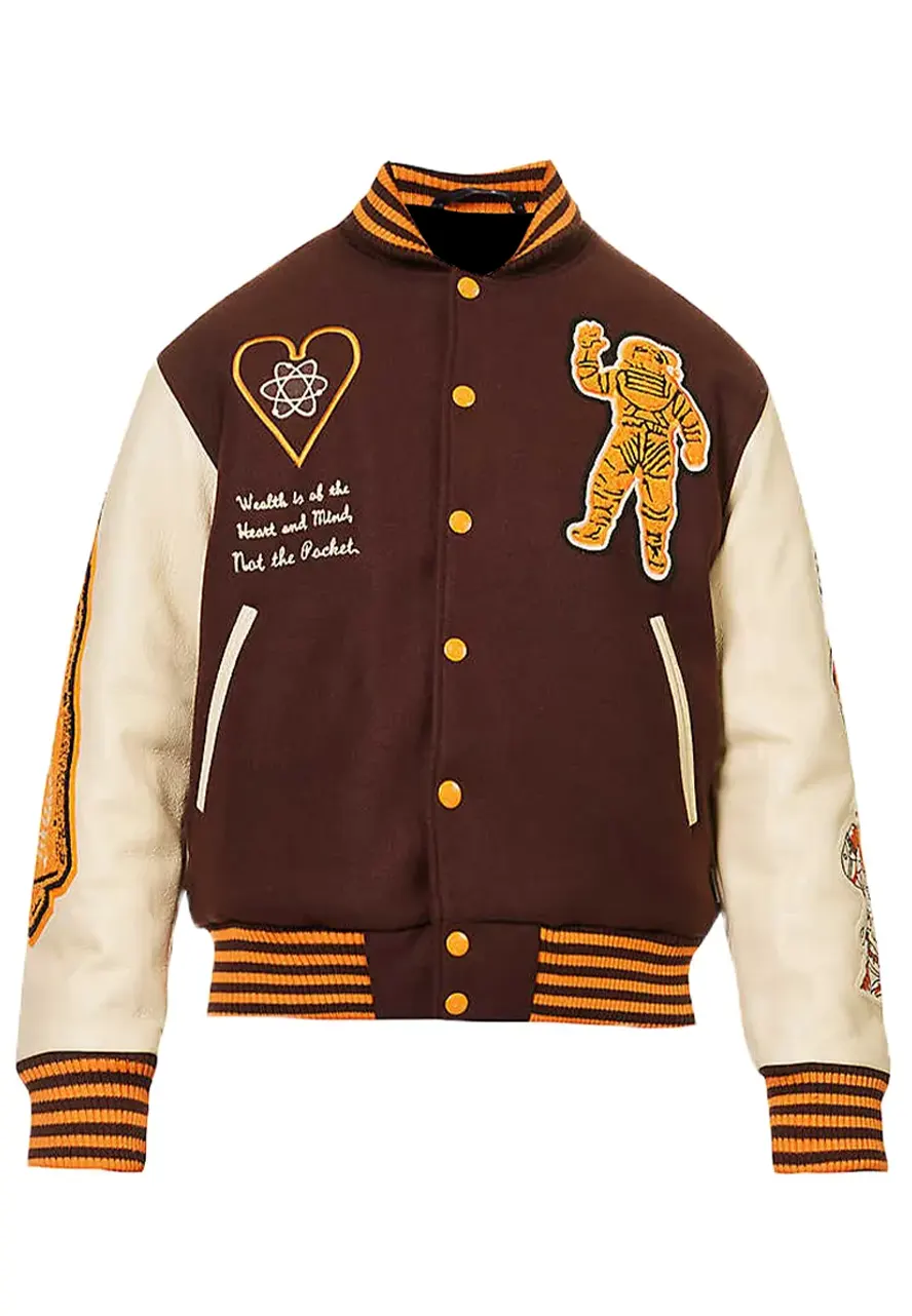 billionaire brown varsity jacket