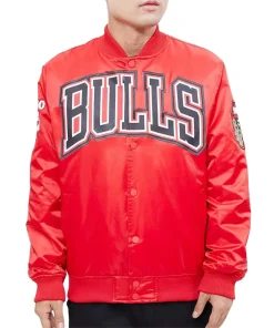 chicago bulls red big logo varsity satin jacket