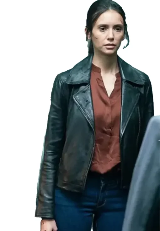 nina-dobrev-the-bricklayer-2024-black-jacket