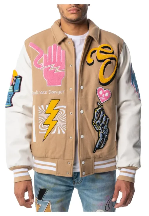 sugarhill-danger-letterman-light-brown-bomber-jacket