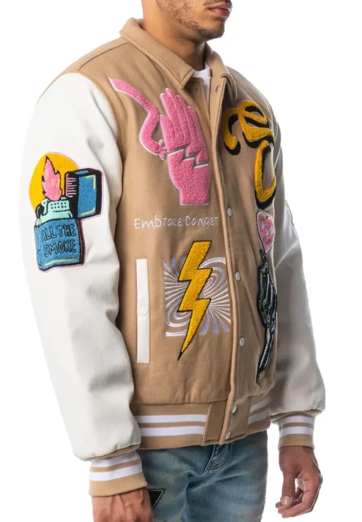 sugarhill-danger-letterman-light-brown-bomber-jacket