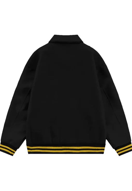 black-collared-bomber-jacket-black-leather-sleeves-gold-stripes